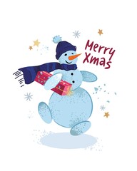 Funny snowman in a hat and scarf with a gift isolated on a white background. Merry xmas lettering. New year greeting card. Christmas decor for children. Print on fabric. Cartoon vector illustration.