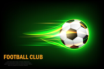 Flaming soccer ball poster for football sport game. Flying soccer ball with shine motion green blur.