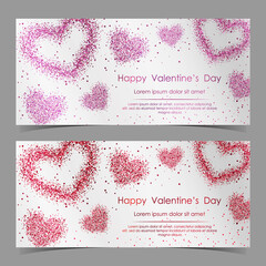 Vector cards with red and pink hearts, dust confetti isolated on white background. Elements for banner, holiday design, logo, web, invitation, party. Vector illustration for Valentines day.