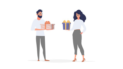 The girl and the guy are holding gifts. Woman and man with gifts in their hands. Isolated, vector.