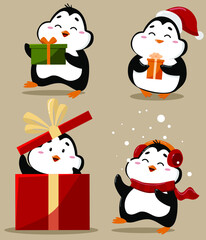 
Set of adorable cute penguins.
Vector illustration.
Penguin with a gift, singing.
For stickers, postcards, banners, websites.