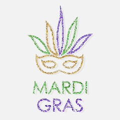 Carnival logo, mask with gold, green, violet confetti, golden, purple dust and lettering Mardi Gras. Isolated on white background. Vector illustration. 
