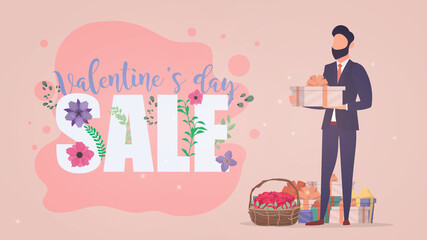 Valentine's Day Sale. The inscription on the theme of Valentine's Day. The man is holding a gift. Vector.