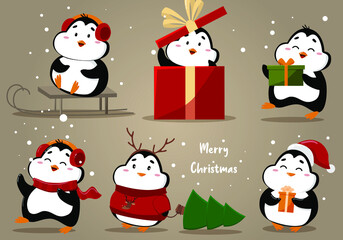 
Set of adorable cute penguins.
Vector illustration.
Penguin with a Christmas tree, in a sleigh, with a gift, singing.
For stickers, postcards, banners, websites.