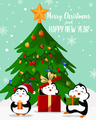 Cute penguins near the Christmas tree with gifts.
Vector illustration.
Card