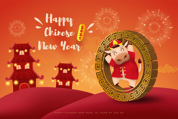 Happy Chinese new year 2021 Ox zodiac. Cute cow character in red costume.