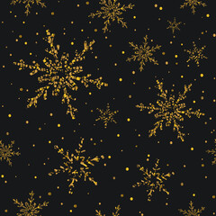 Christmas black background with foil snowflakes of gold confetti, sparkles, glitter. Seamless pattern. Christmas golden design. Vector illustration. Elements for banner, design, card, invitation.