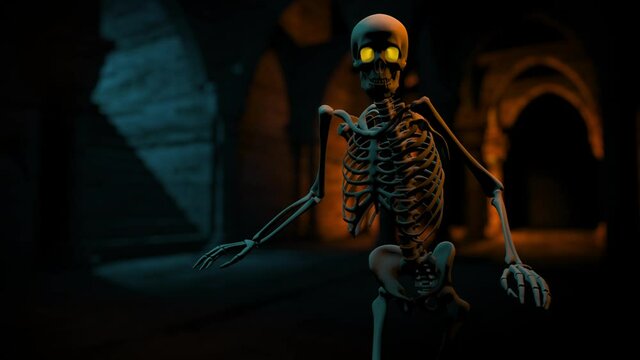 Skeleton Sneaking Around in a Dark Tomb or Crypt - 3D Illustration - Shallow Depth of Field