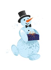 Decorative snowman with gift box with the hat is hand drawn in a flat style on a white background. Elements for new year poster, cards, invitations. Christmas banner. Cute cartoon vector illustration.