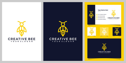 honey bee and pen combination logo design template and business card