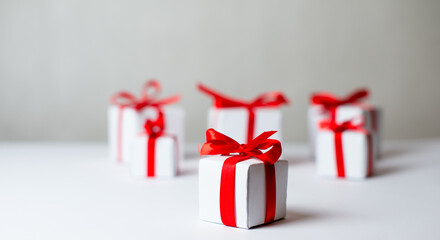 White gifts with red ribbons. Set of gift box isolated on white background.Christmas gift boxes on white background. Merry Christmas and Happy Holidays greeting card, frame, banner. New Year. Panorama