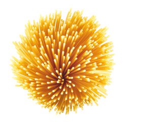 The bundle of spaghetti is isolated on a white background. spaghetti removed from above. spaghetti fan.