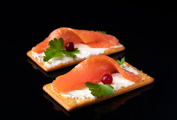 Crackers with salmon isolated on black