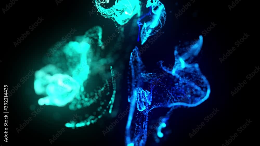 Aufkleber injection of fluorescent blue ink in water in 4k. 3d render of glow particles in ink flow. luma matt