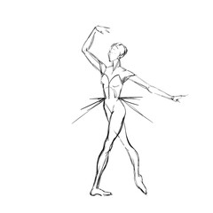 A Young Ballerina. Freehand Drawing of a Ballet Dancer Girl. Vector Illustration of a Dancing Woman. Monochrome Sketch of a Dancing Jump. Classical Choreography Style. Free Hand Draw. Realistic Style.