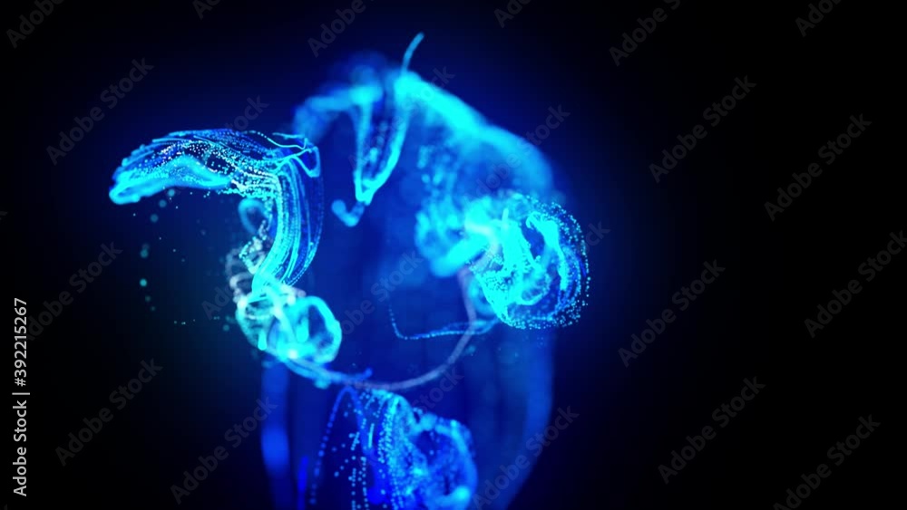 Aufkleber injection of fluorescent blue ink in water in 4k. 3d render of glow particles in ink flow. luma matt