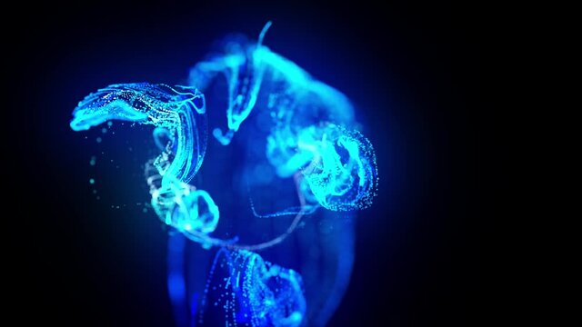 injection of fluorescent blue ink in water in 4k. 3d render of glow particles in ink flow. Luma matte as alpha channel. Background of shiny ink effect advection.