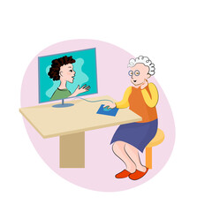 Grandmother and grandson teen are talking with Internet connection. Vector cartoon image. 