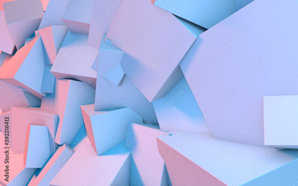Poster abstract background with 3d shapes flying in pink and blue light as a messy array or chaotic structu