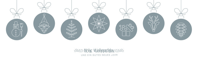 Weihnachstbanner - frohe Weihnachten mit weihnachtlichen Symbolen silberfarben - deutsch.
