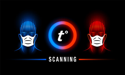Neon temperature scanning interface with blue cold masked man and red hot face in medical mask.