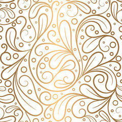 Fototapeta na wymiar White and gold linear leaves seamless pattern. Vintage vector ornament template. Paisley elements. Great for fabric, invitation, background, wallpaper, decoration, packaging or any desired idea.