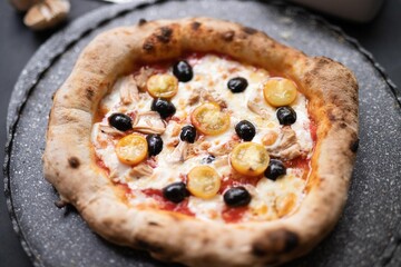 pizza with olive oil , mushroom and tomatoes
