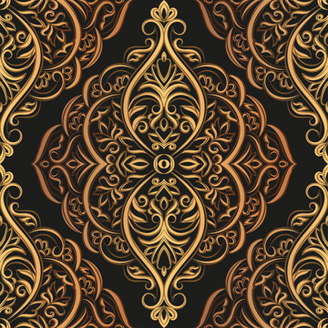 Gold and black damask vector seamless pattern. Vintage, paisley elements. Traditional, Turkish motifs. Great for fabric and textile, wallpaper, packaging or any desired idea.