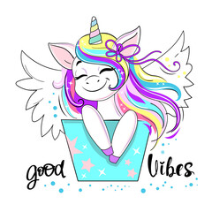 Beautiful unicorn with wings and the inscription Good vibes. Birthday card. Vector cartoon illustration