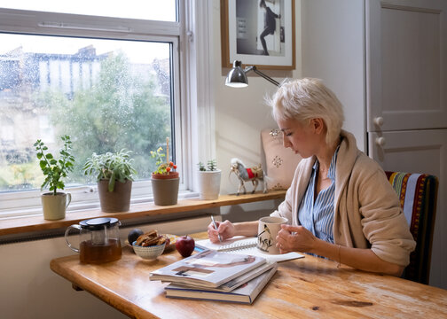 Young Professional Lady Is Working From Home During The Lockdown. Cosy Home Office With Snacks And Calming Atmosphere.