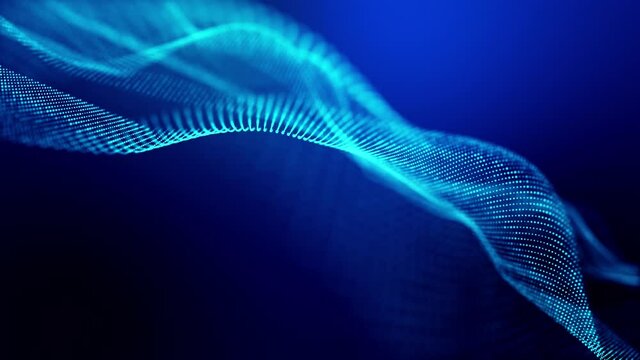 4k looped abstract background of glow particles form lines, surfaces as futuristic landscape in cyberspace or hologram. Sci-fi theme of microworld, nanotechnology or cosmic space. Blue 2