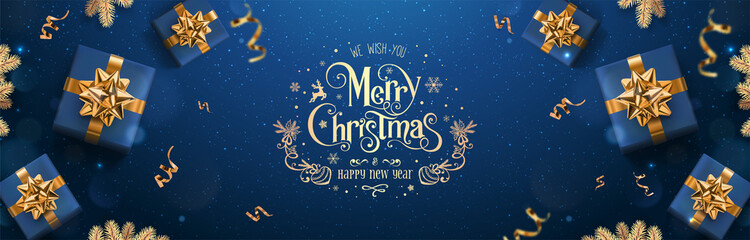 Fototapeta na wymiar Gold Merry Christmas and New Year text on dark blue background with Christmas gift boxes, golden fir branches, ribbons, decoration, confetti, bokeh. Xmas card. Vector, holiday realistic banner