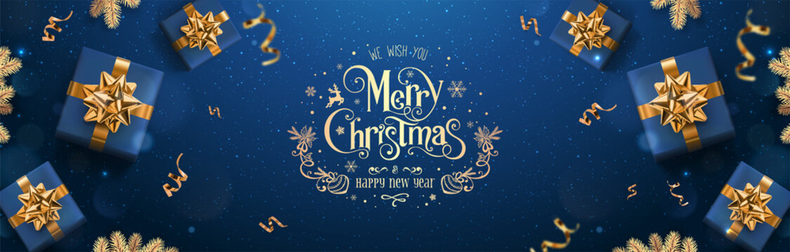 Gold Merry Christmas and New Year text on dark blue background with Christmas gift boxes, golden fir branches, ribbons, decoration, confetti, bokeh. Xmas card. Vector, holiday realistic banner