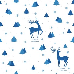 Beautiful Christmas print with reindeer and Christmas trees. Seamless blue background.