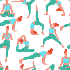 Women exercising yoga flat color trend vector seamless pattern. Do yoga meditation practice cartoon style. Exercise workout background. Healthy lifestyle morning fitness activities pictures.