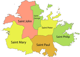 Obraz premium Pastel vector map of the island of Antigua with black borders and names of it's parishes