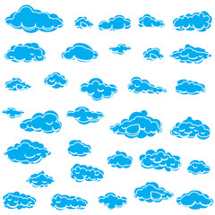 White cartoon clouds set isolated on white background. Collection of different cartoon clouds for background template, wallpaper and sky design. Cartoon clouds vector. Sky illustration