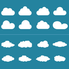 White cartoon clouds set isolated on blue background. Collection of different cartoon clouds for background template, wallpaper and sky design. Cartoon clouds vector. Sky illustration