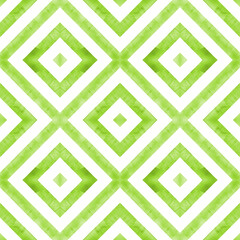 Watercolor geometric rhombus squares seamless pattern. Yellow green stripes on white background