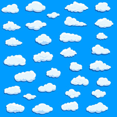 White cartoon clouds set isolated on blue background. Collection of different cartoon clouds for background template, wallpaper and sky design. Cartoon clouds vector. Sky illustration