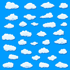 White cartoon clouds set isolated on blue background. Collection of different cartoon clouds for background template, wallpaper and sky design. Cartoon clouds vector. Sky illustration