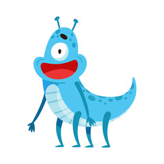 Funny Monster with Antenna Standing and Smiling Vector Illustration