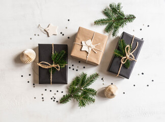 Flat lay of Christmas gifts sustainable packed
