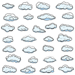 Obraz premium White cartoon clouds set isolated on white background. Collection of different cartoon clouds for background template, wallpaper and sky design. Cartoon clouds vector. Sky illustration