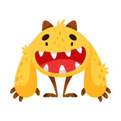 Orange Monster with Teeth and Horns Standing and Smiling Vector Illustration