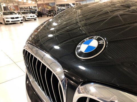 MOSCOW, RUSSIA - NOVEMBER 10, 2020. BMW emblem above the car grill, close-up shot