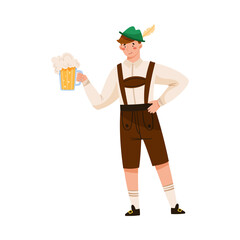 Young Man in Green Hat with Feather and Lederhosen Holding Beer Mug Vector Illustration