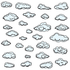 White cartoon clouds set isolated on white background. Collection of different cartoon clouds for background template, wallpaper and sky design. Cartoon clouds vector. Sky illustration
