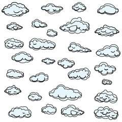 White cartoon clouds set isolated on white background. Collection of different cartoon clouds for background template, wallpaper and sky design. Cartoon clouds vector. Sky illustration