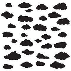 Black cartoon clouds set isolated on white background. Collection of different cartoon clouds for background template, wallpaper and sky design. Cartoon clouds vector. Sky illustration